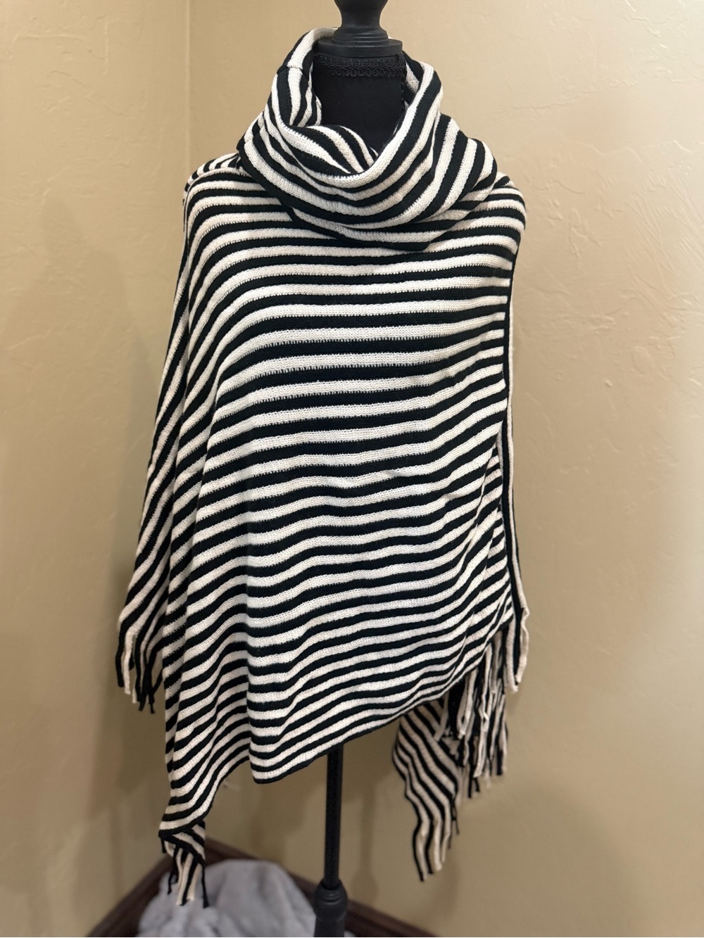 Striped Cowl Neck Tunic Poncho in Black and White